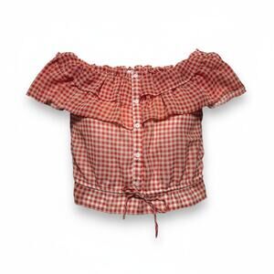 Lauren Conrad Gingham Off-Shoulder Ruffle Crop Top Button Front Size Large